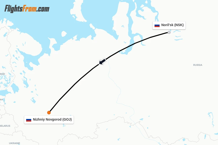 Flights from Noril'sk to Nizhniy Novgorod route map