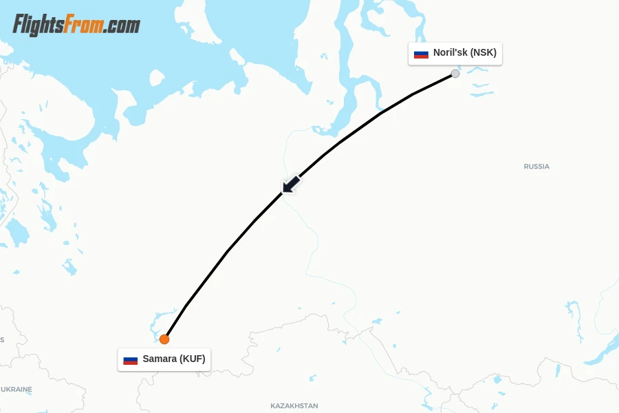 Flights from Noril'sk to Samara route map
