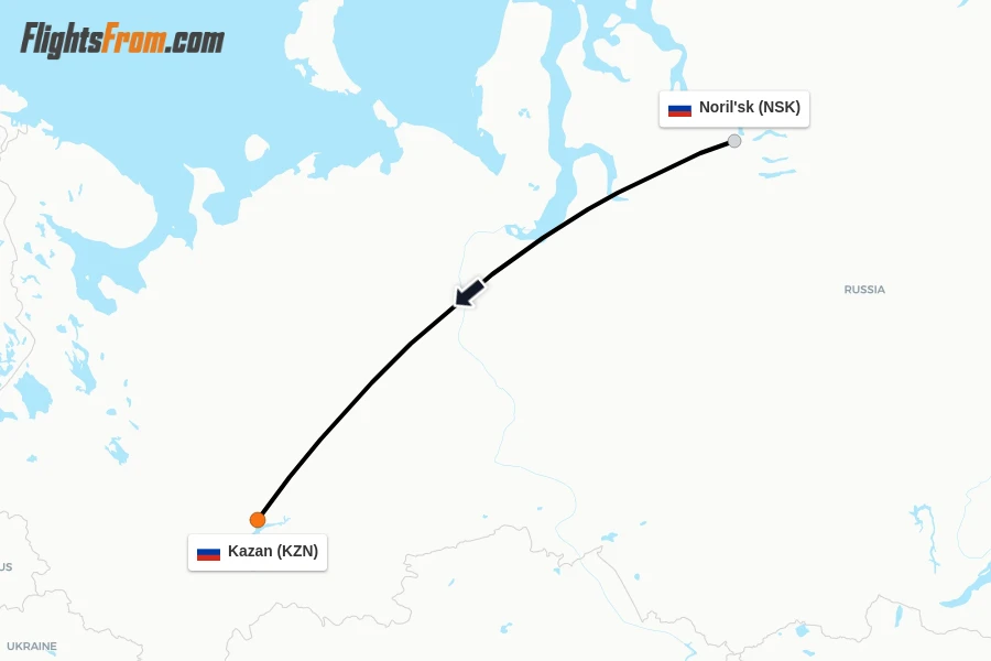 Flights from Noril'sk to Kazan route map