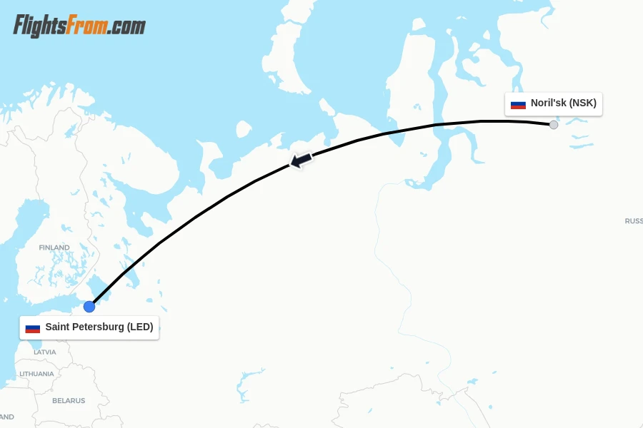 Flights from Noril'sk to Saint Petersburg route map