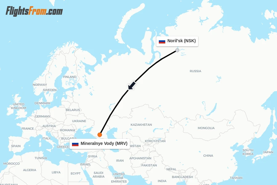 Flights from Noril'sk to Mineralnye Vody route map