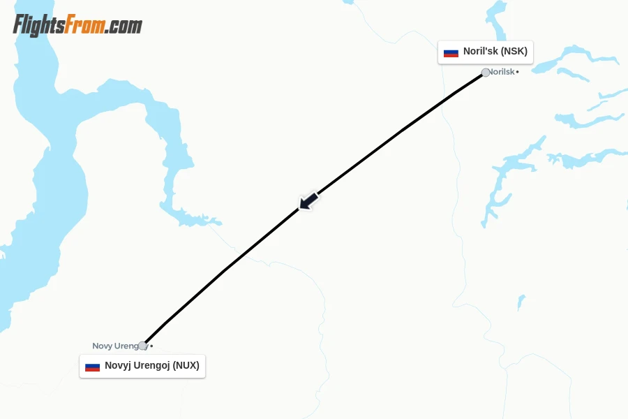Flights from Noril'sk to Novyj Urengoj route map