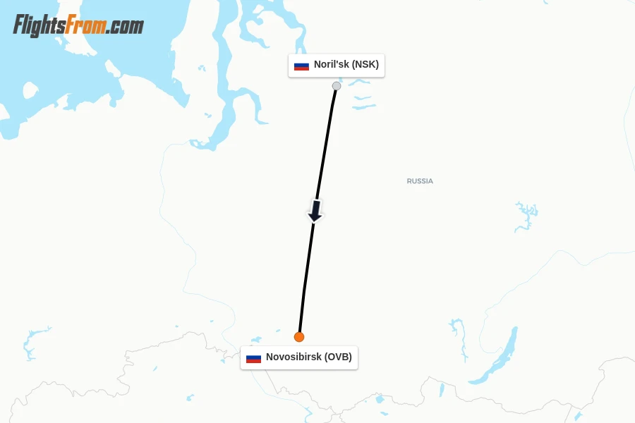 Flights from Noril'sk to Novosibirsk route map