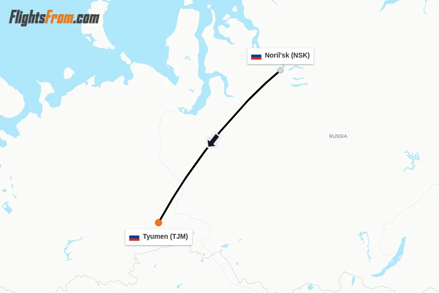 Flights from Noril'sk to Tyumen route map