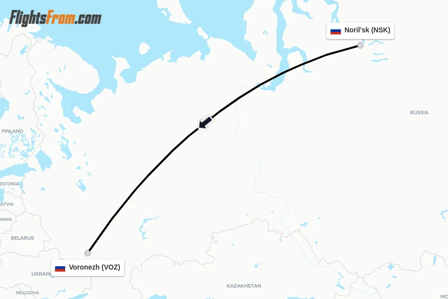 Flights from Noril'sk to Voronezh route map