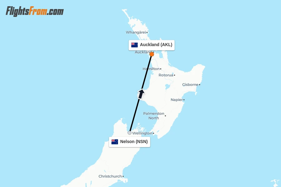 Flights from Nelson to Auckland route map