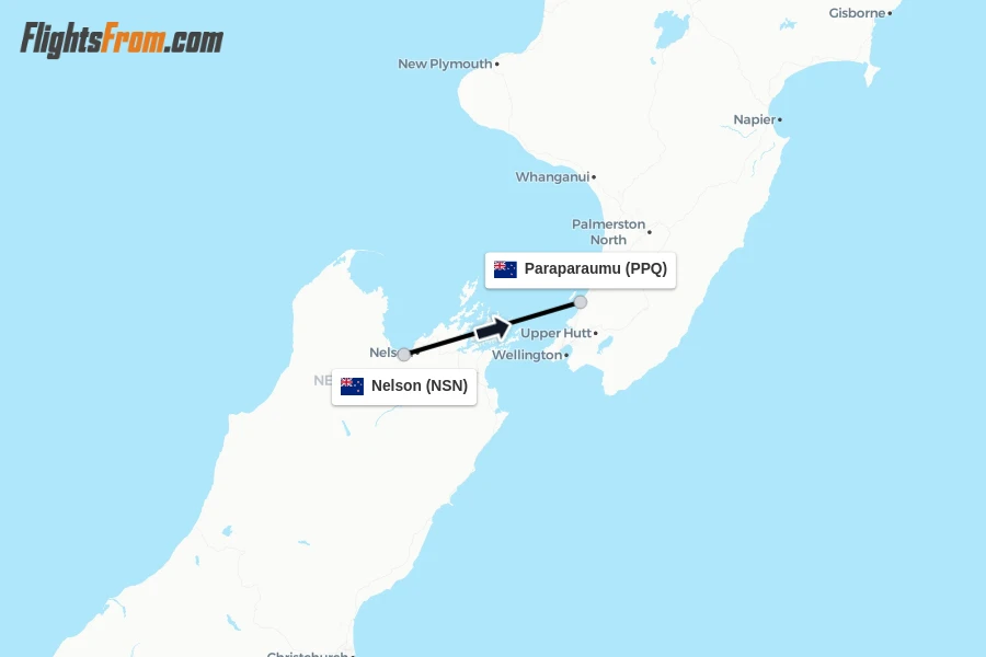 Flights from Nelson to Paraparaumu route map