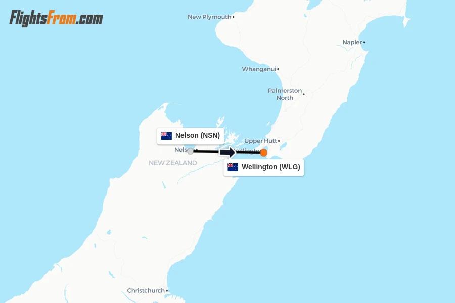 Flights from Nelson to Wellington route map
