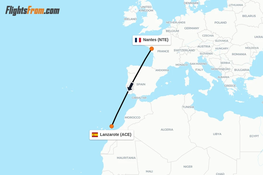 Flights from Nantes to Lanzarote route map