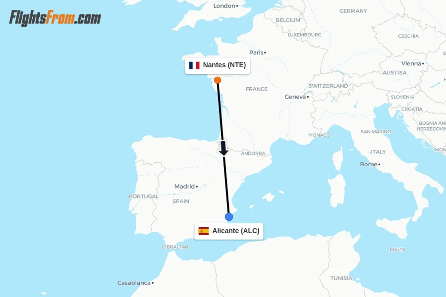 Flights from Nantes to Alicante route map