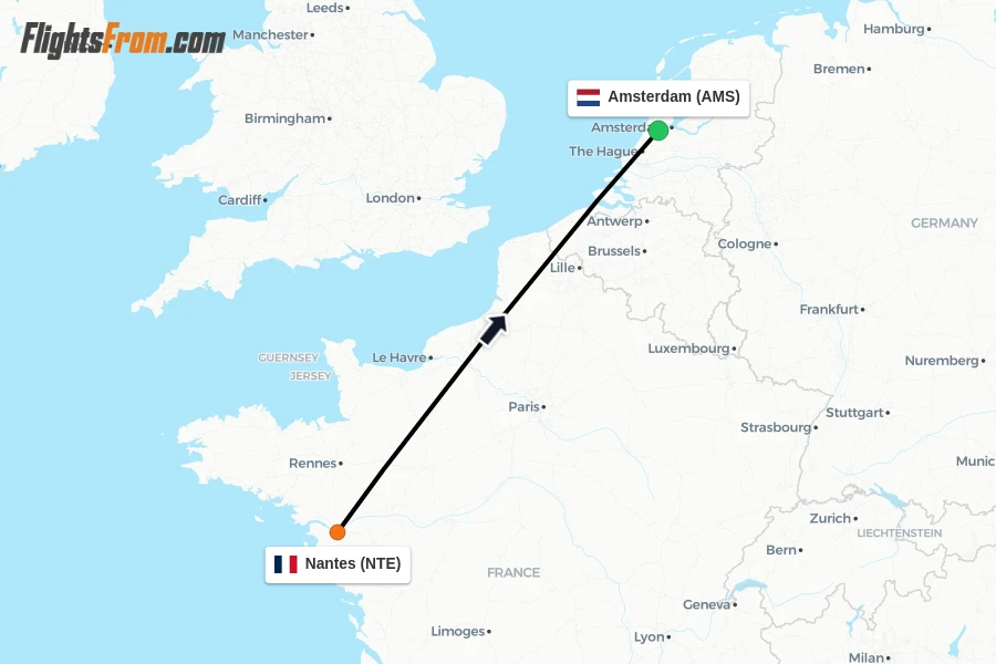 Flights from Nantes to Amsterdam route map