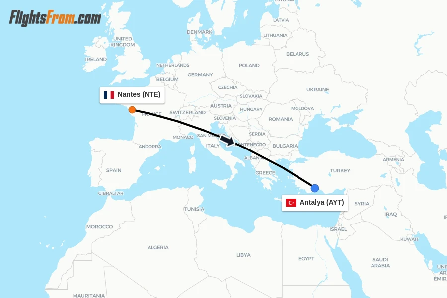 Flights from Nantes to Antalya route map