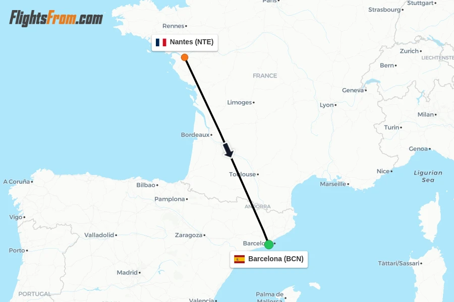 Flights from Nantes to Barcelona route map
