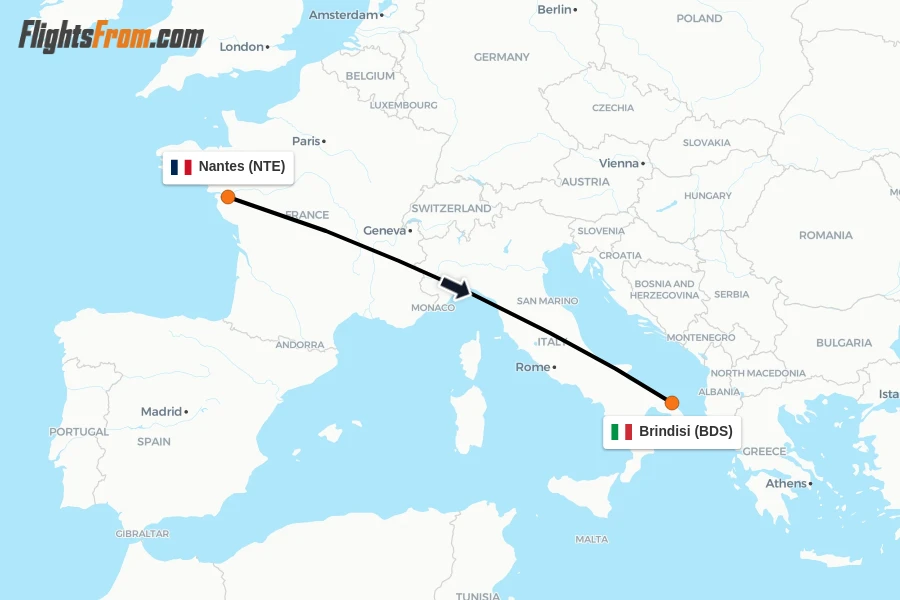 Flights from Nantes to Brindisi route map