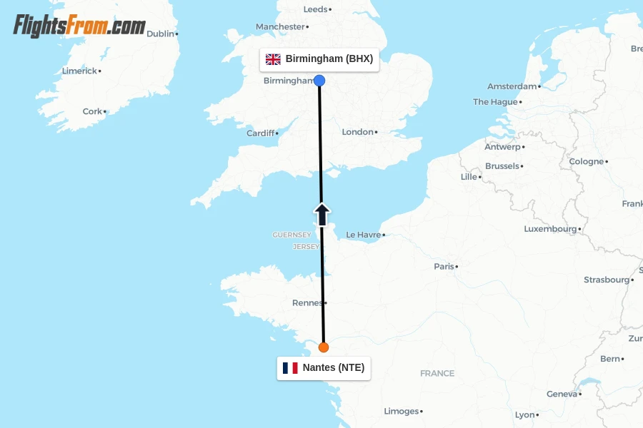 Flights from Nantes to Birmingham route map