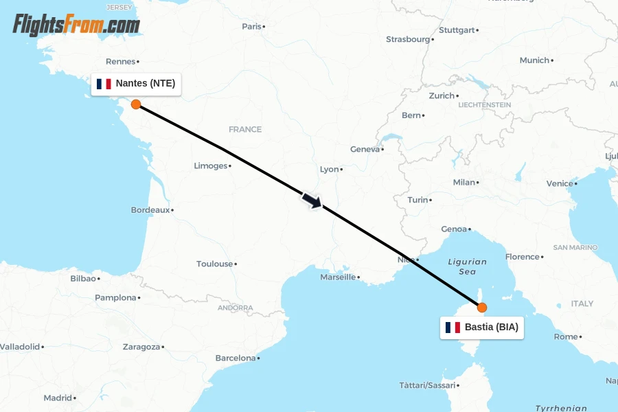 Flights from Nantes to Bastia route map