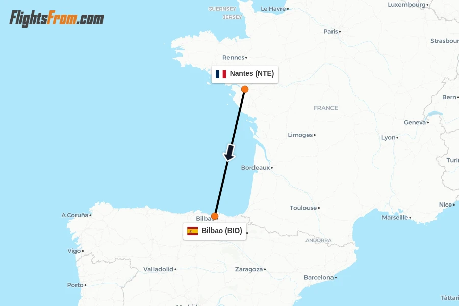 Flights from Nantes to Bilbao route map