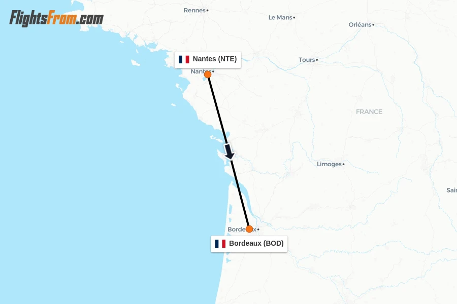 Flights from Nantes to Bordeaux route map