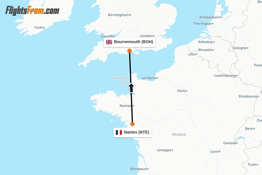Flights from Nantes to Bournemouth route map