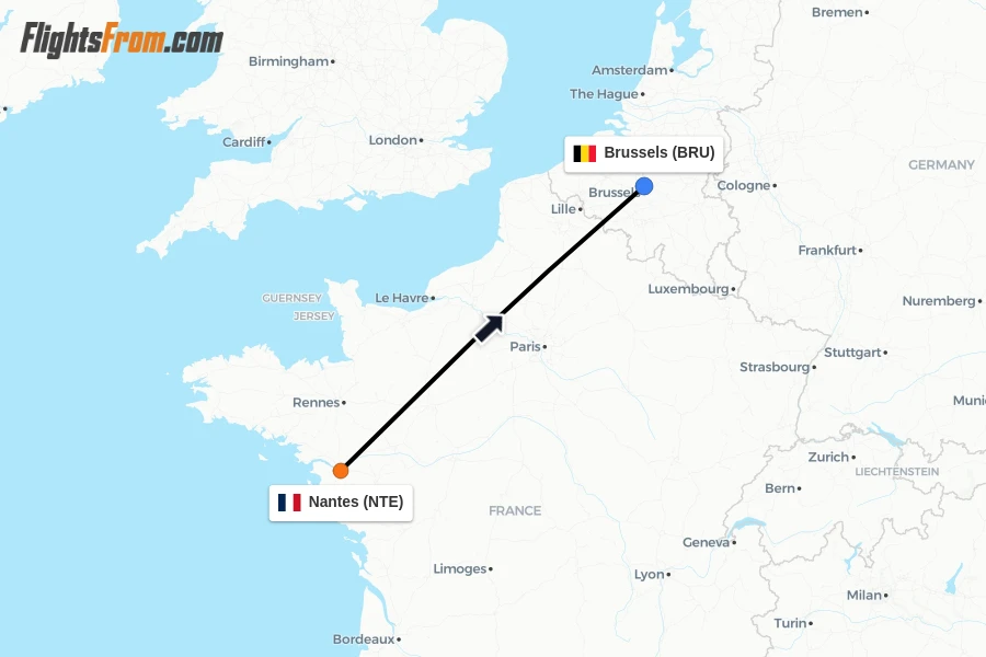Flights from Nantes to Brussels route map