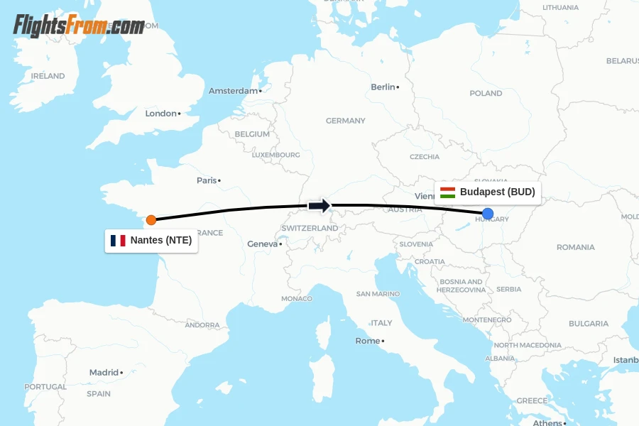 Flights from Nantes to Budapest route map