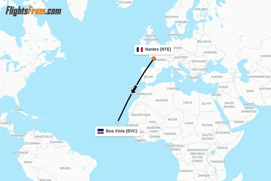 Flights from Nantes to Boa Vista route map