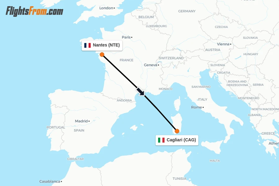 Flights from Nantes to Cagliari route map