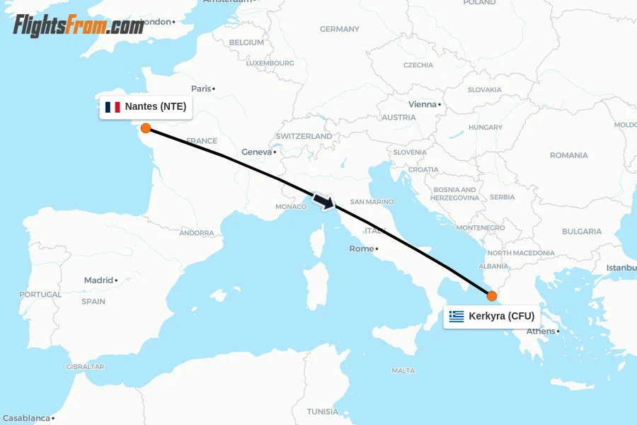 Flights from Nantes to Kerkyra route map