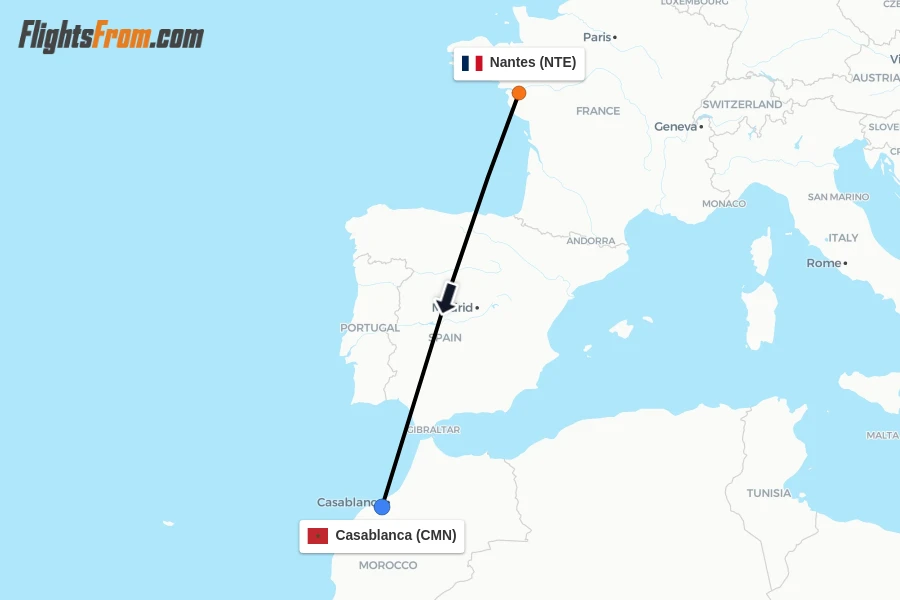 Flights from Nantes to Casablanca route map