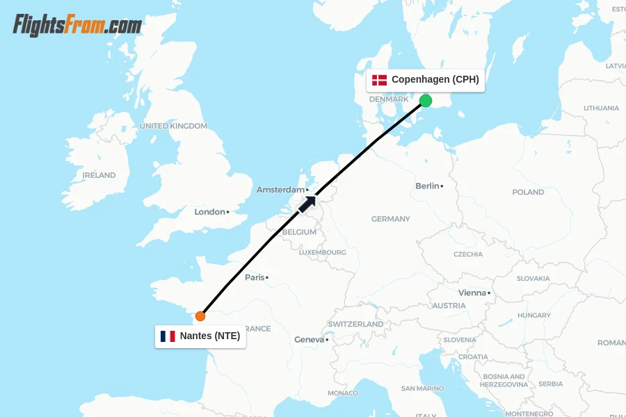 Flights from Nantes to Copenhagen route map