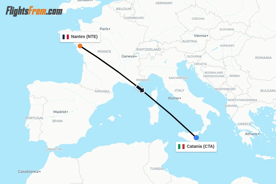 Flights from Nantes to Catania route map