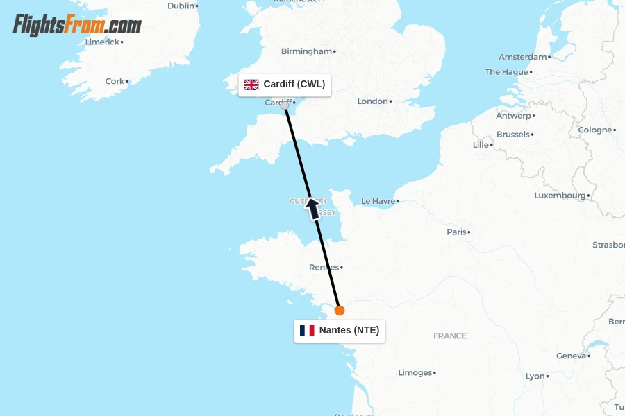 Flights from Nantes to Cardiff route map