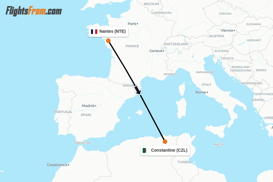 Flights from Nantes to Constantine route map