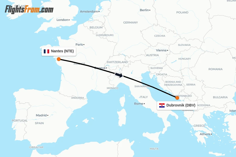 Flights from Nantes to Dubrovnik route map