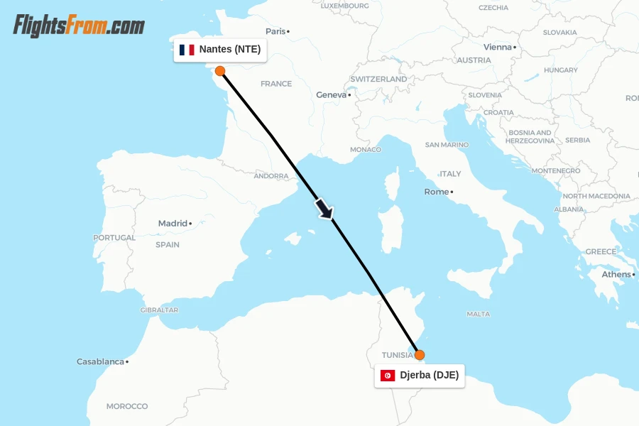 Flights from Nantes to Djerba route map