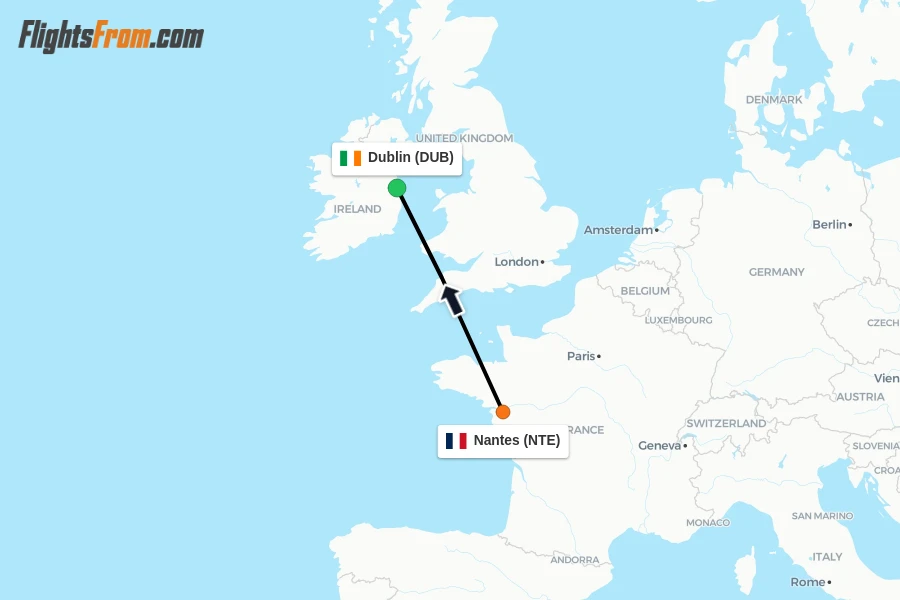 Flights from Nantes to Dublin route map