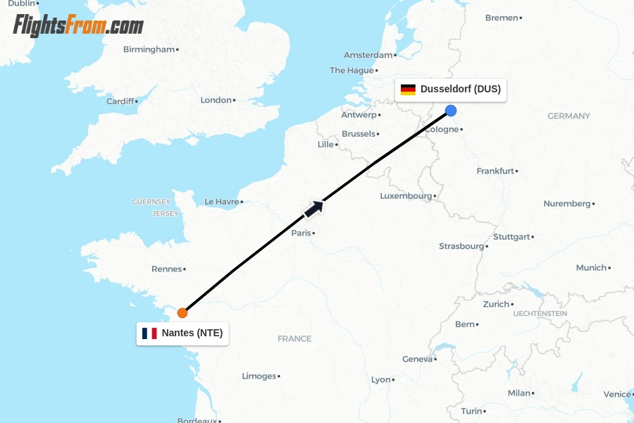 Flights from Nantes to Dusseldorf route map