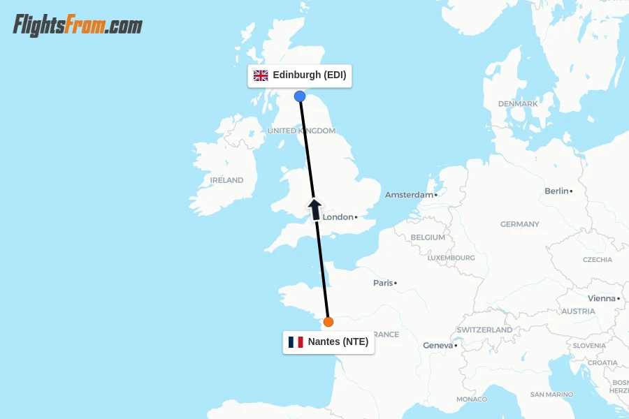 Flights from Nantes to Edinburgh route map