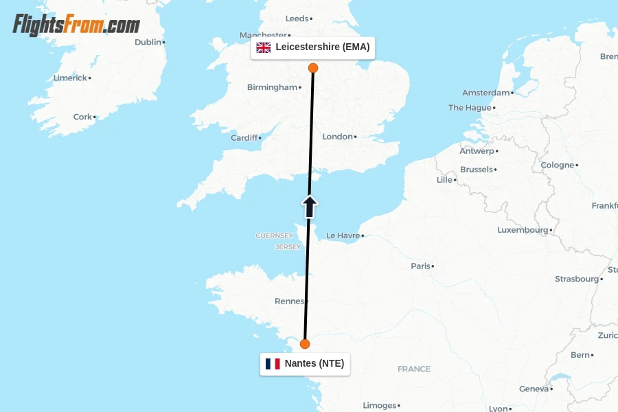 Flights from Nantes to Leicestershire route map