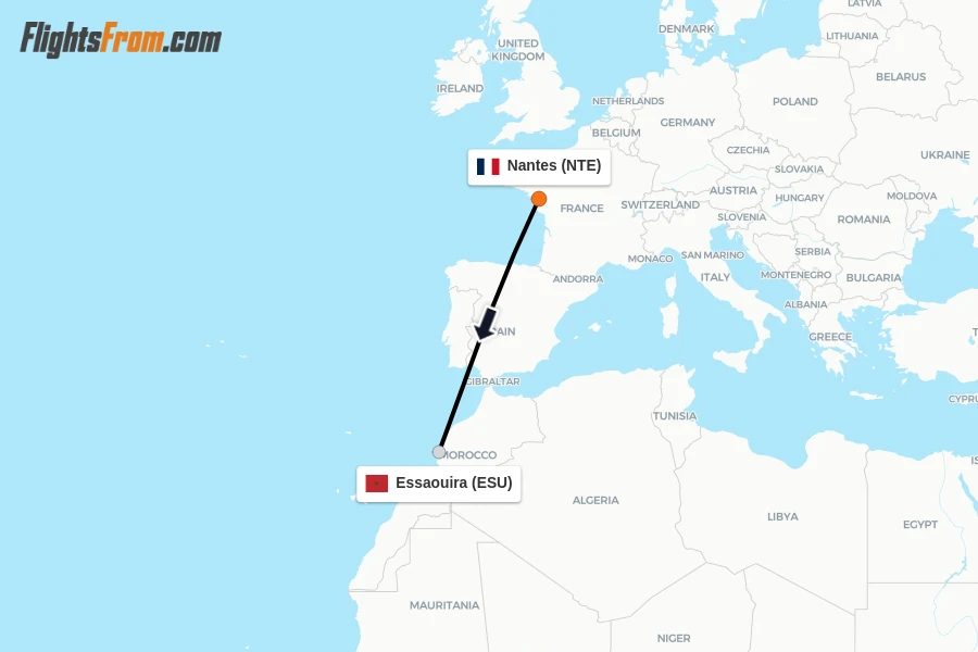 Flights from Nantes to Essaouira route map