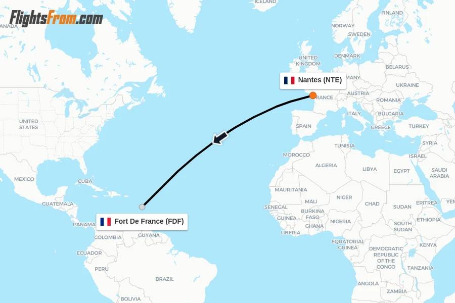 Flights from Nantes to Fort De France route map