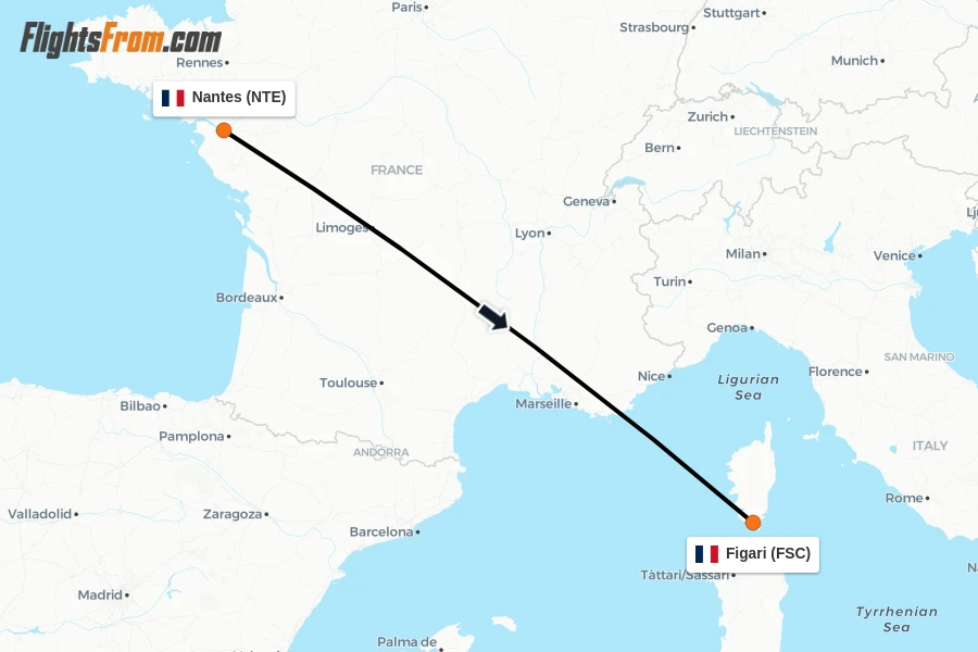 Flights from Nantes to Figari route map