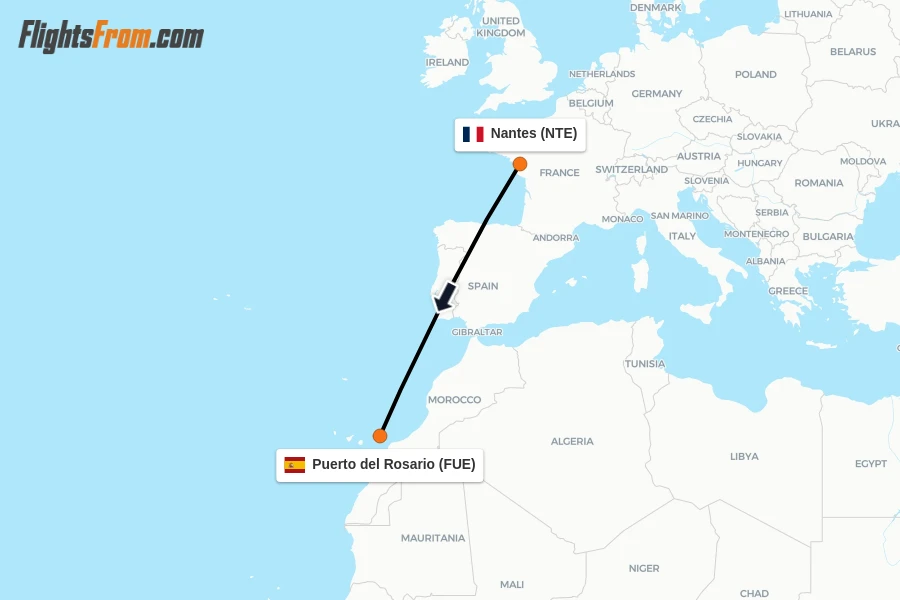Flights from Nantes to Puerto del Rosario route map