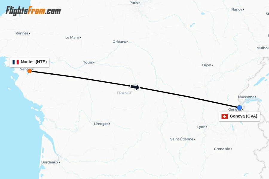 Flights from Nantes to Geneva route map