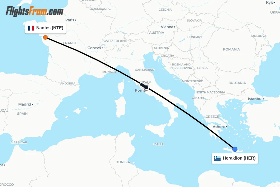 Flights from Nantes to Heraklion route map