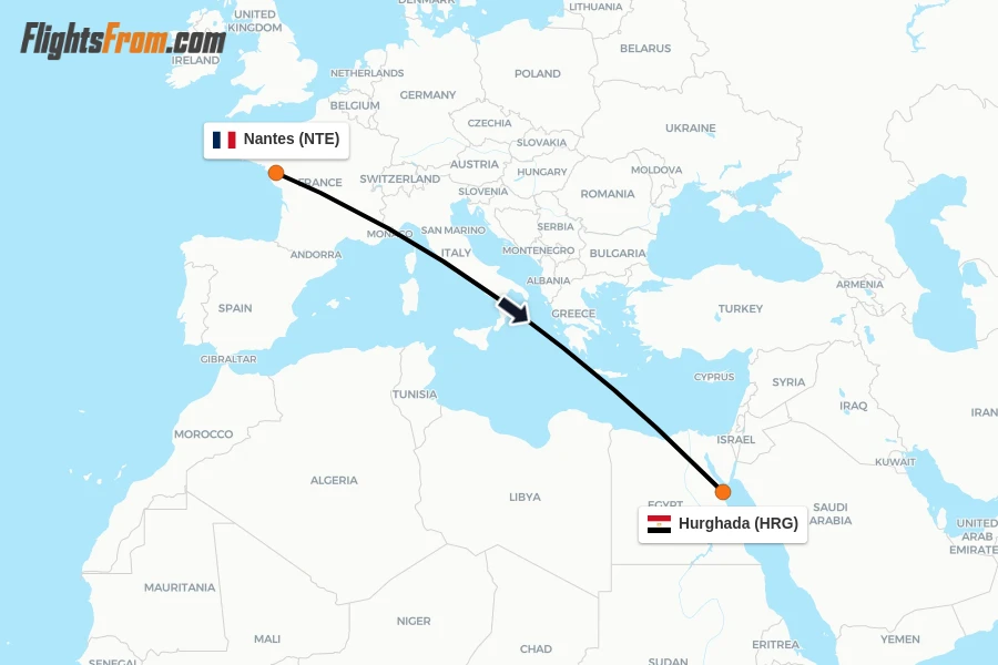 Flights from Nantes to Hurghada route map