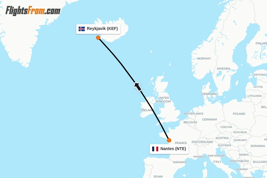 Flights from Nantes to Reykjavik route map