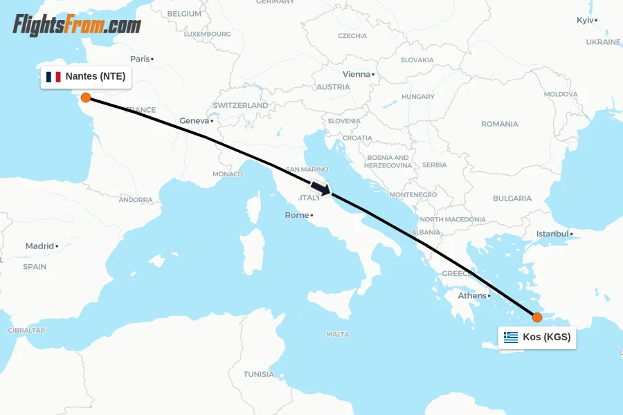 Flights from Nantes to Kos route map