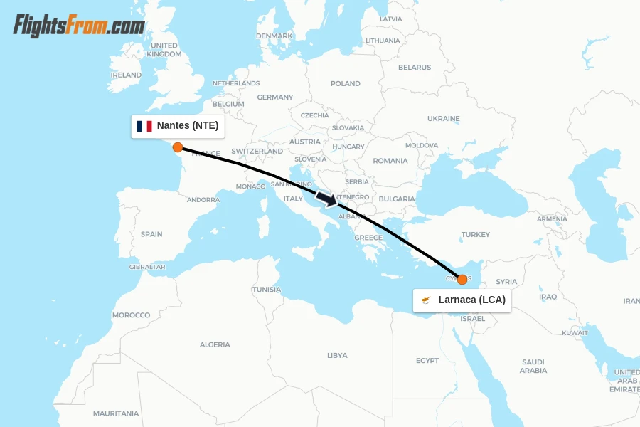 Flights from Nantes to Larnaca route map