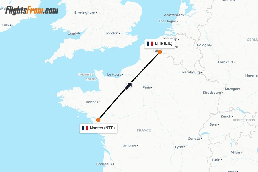 Flights from Nantes to Lille route map
